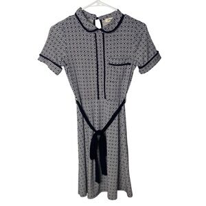 Monteau Los Angeles Geometric Peter Pan Collar Tie Waist Dress Navy White S NWT